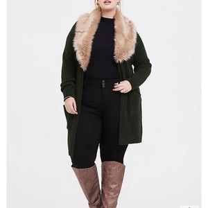 OUTLANDER GREEN FAUX FUR COLLAR SELF-TIE CARDIGAN